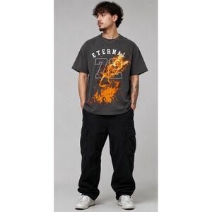 boohooMAN Eternal 72 Graphic T-Shirt Mens Medium Charcoal Gray Fire Print Cotton